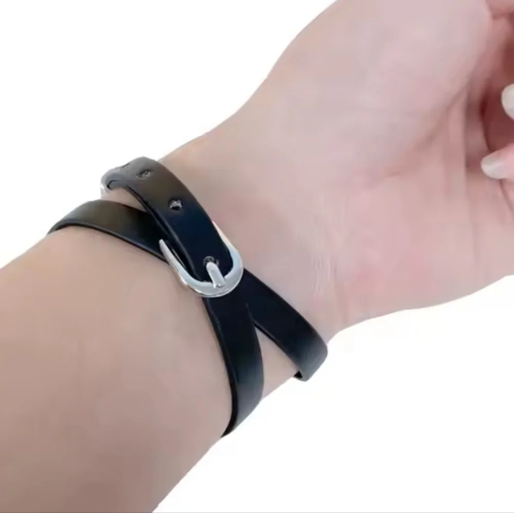 Forever 21 Men Faux Leather Black Belt Wrap Bracelet with Silver Buckle